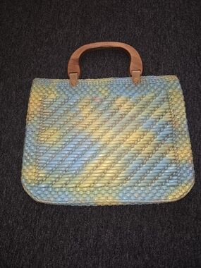 Source Unknown VINTAGE  Blue and Yellow Woven Tote with Wooden Handle